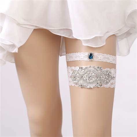 Buy Wedding Garters Blue Rhinestone White Lace Sexy