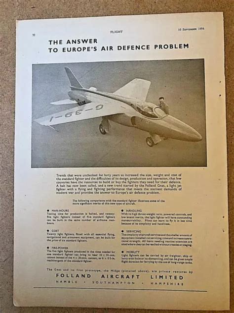 1954 Aircraft Advert Folland Aircraft Europes Air Defence Gnat