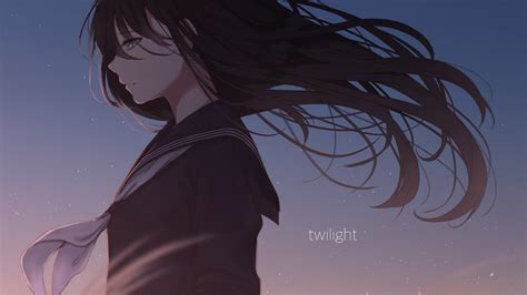 Download 1920x1080 Anime Girl Sad School Uniform Windy Black Hair Profile View Wallpapers