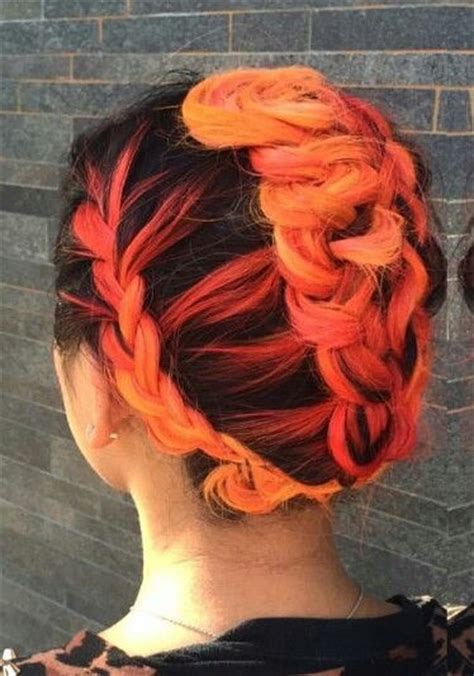 Black Bright Orange Braided Updo Hairstyle Dyed Hair Color