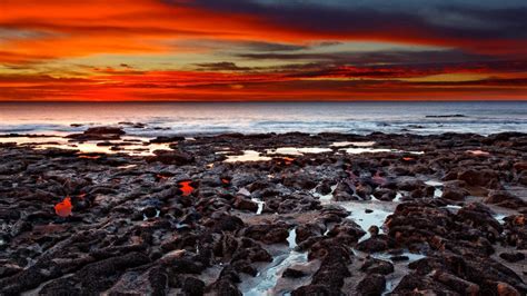Red Rocks Shore Sunset Sea Coolwallpapersme