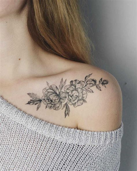 Black And Grey Floral Tattoo On A Collarbone Flower Neck Tattoo