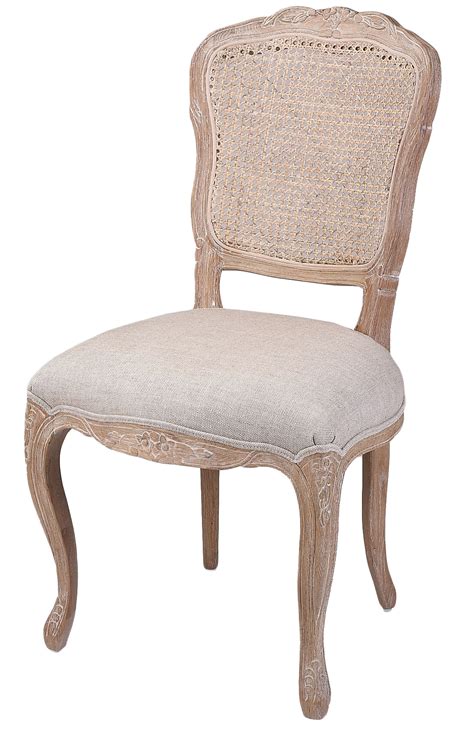 New French Country Linen Dining Chair With Rattan Back