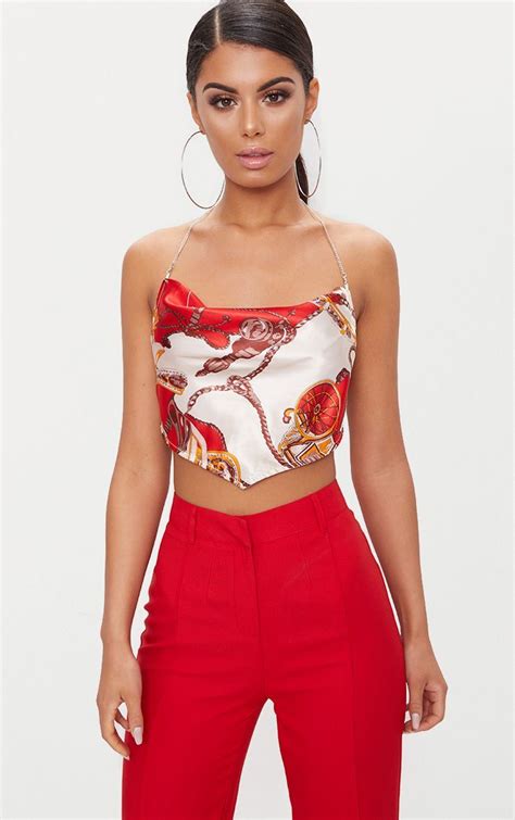 Red Rope Print Satin Crop Top This Satin Crop Top Is Sure To Elevate Any Look Featuring A Red