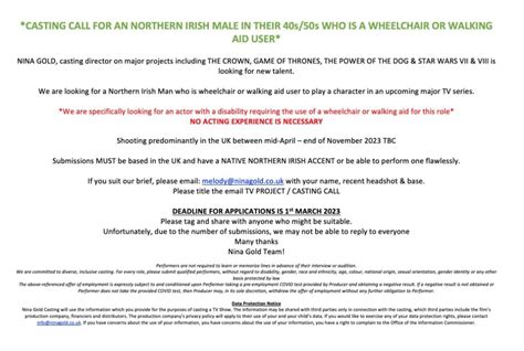 Casting Call For An Northern Irish Male In Their 40s50s Who Is A Wheelchair Or Walking Aid User