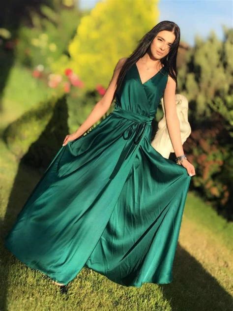 Emerald Green Wrap Dress Sleeveless Long Dress Silk Maxi Etsy In 2020
