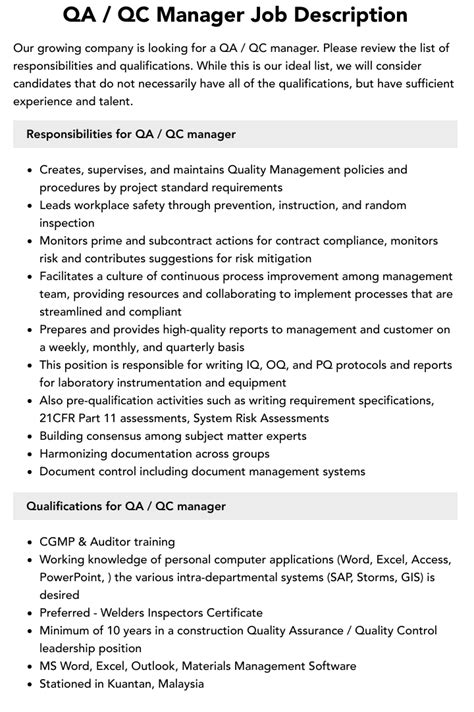 Qa Qc Manager Job Description Velvet Jobs
