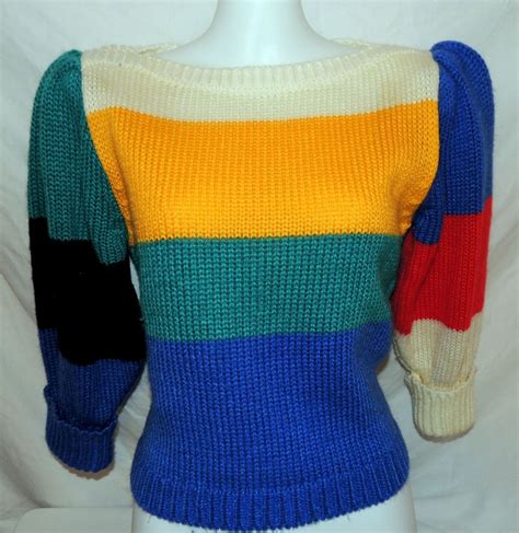 Vintage 80s Preppy Colorblock Sweater Retro Bright Mutton Sleeve