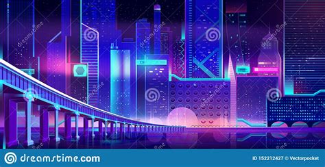 Future City At Night Cartoon Vector Background Stock