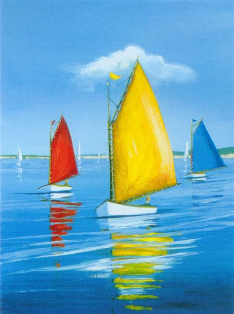 Red Yellow Blue Boats Oil Painting Seascape Art Paint King