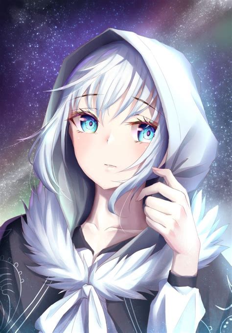 Anime Girl White Hair Blue Eyes And Hood