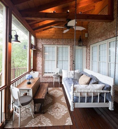 While a cover just protects from above, an enclosure protects all sides of a porch flooring: Screened in porch with a daybed swing. | House with porch ...