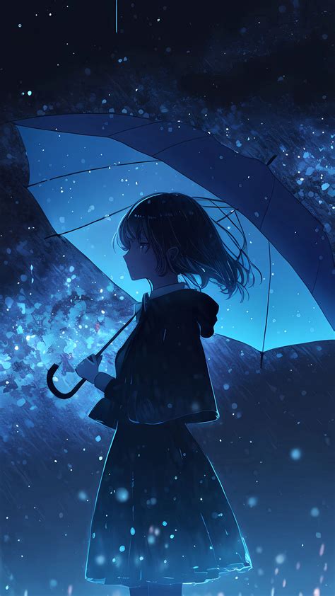 Download Wallpaper 2160x3840 Girl Umbrella Rain Anime Blue Samsung