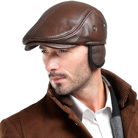 Mens Real Cowhide Leather Beret Hunting Cap Beanie Trucker Cap Mens