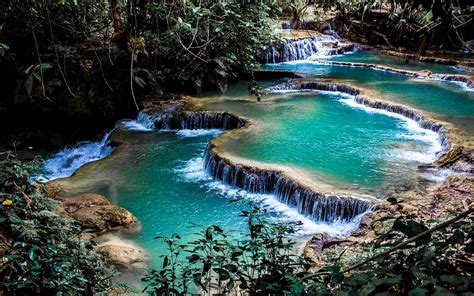 Landscape Nature Waterfall Pond Foliage Shrubs Terraces Laos