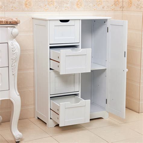 White Wooden 4 Drawer Bathroom Storage Cupboard Cabinet Free Standing