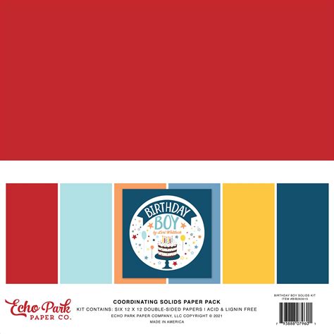 Echo Park Double Sided Solid Cardstock 12x12 6pkg Birthday Boy 6