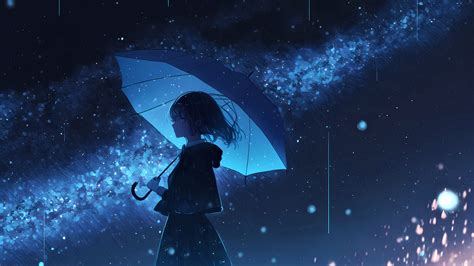 Download Wallpaper 2560x1440 Girl Umbrella Rain Anime Blue
