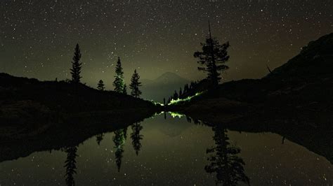 Night Starry Sky Reflecion Trees Lake