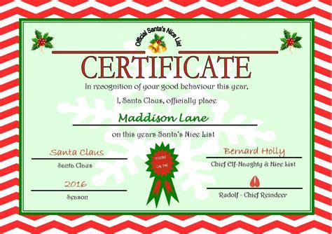 Our premium certificates are similar to our free templates but do not carry our watermark. Personalised Santa s Nice List Certificate Design 6