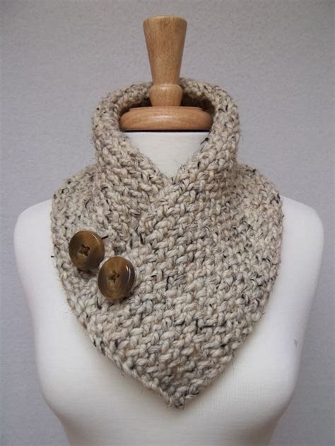 Knitted Neck Scarf Cowl Knitted Oatmeal Buttoned Neck Warmer