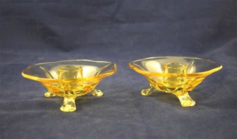 Pair Of Amber Yellow Depression Glass Footed Candlestick Holders