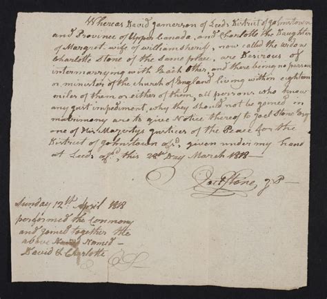 Publication Of The Banns Of Marriage Of David Jameson And Charlotte