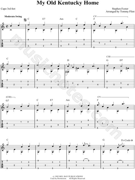 Stephen C Foster My Old Kentucky Home Guitar Tab In C Major Download And Print Sku Mn0050138