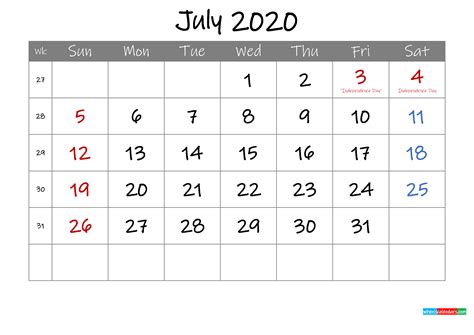 Editable July 2020 Calendar With Holidays Template Ink20m7