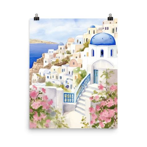 Santorini Watercolor Print Oia Greece Travel T Greek Wall Art Europe
