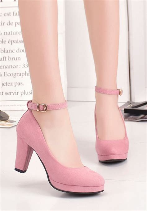 Pink Round Toe Chunky Buckle Fashion High Heeled Shoes In 2020