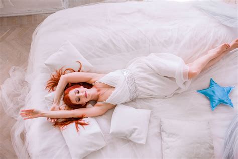 Wallpaper Model Redhead Closed Eyes Smiling Necklace White Dress Pillow In Bed Lying