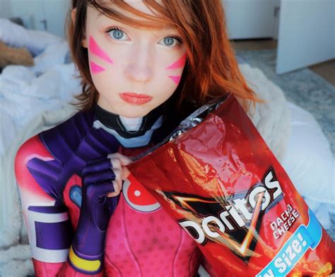 Snugglepunk Cosplay Eating Redhead Webcam Model Women Indoors Overwatch D Va Overwatch