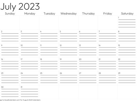 Lined July 2023 Calendar Template In Landscape