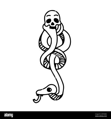 Dark Mark Skull With A Snake In Cartoon Outline Doodle Style Vector