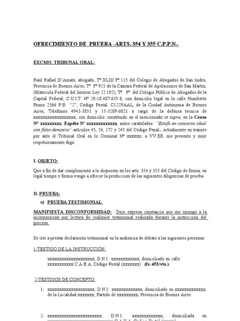 Ejemplo De Prueba Testimonial En Materia Penal Material Colección