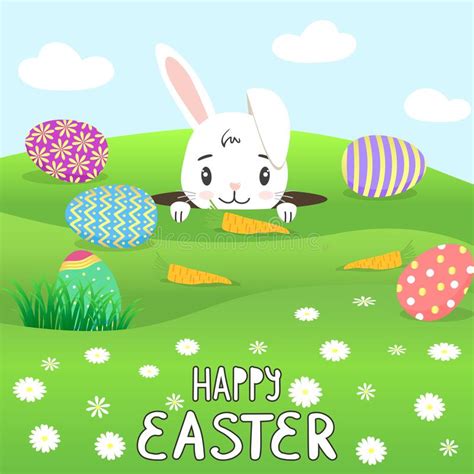 Hand Drawn Cute Cartoon Character Rabbit With Eggs Carrots Grass Flowers A Rabbit Peeps Out