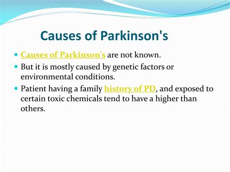 May 14, 2021 · parkinson's disease is a chronic disorder of the nervous system, which is made up of pathways of cells and neurons that send and receive signals throughout your body. PPT - Parkinson's Disease : overview, symptoms, causes ...