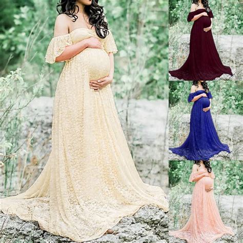 Pregnant Women Lace Off Shoulder Long Maxi Dress Gown Maternity