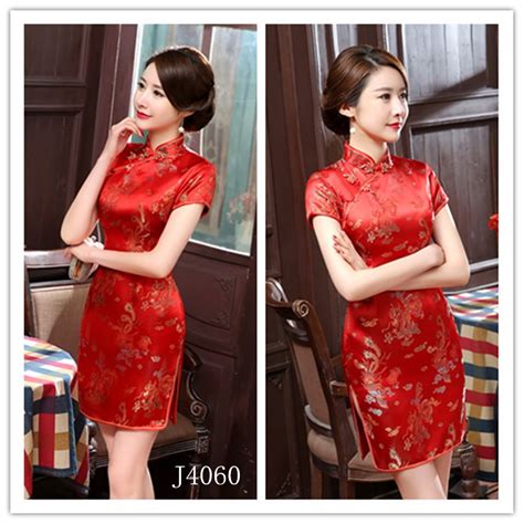 Longfeng Short Flag Women Traditional Dress Silk Satin Cheongsam Mini