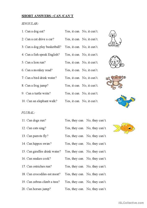 Can Can´t Short Answers Animals G English Esl Worksheets Pdf And Doc