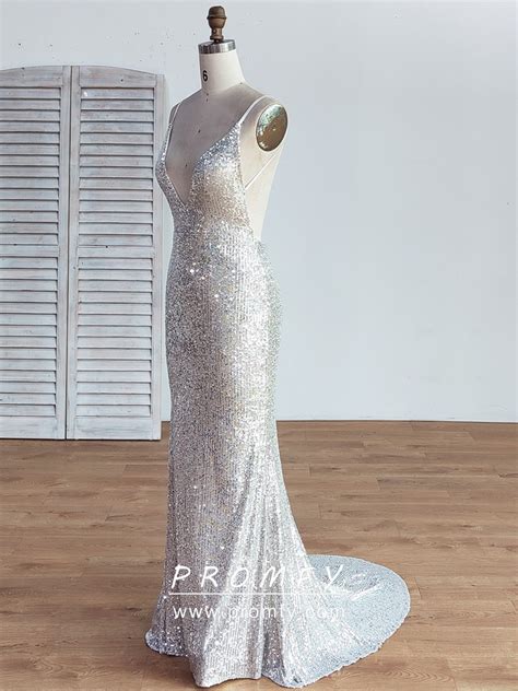 Promfy Silver Line Sequin V Neck Mermaid Long Prom Dress