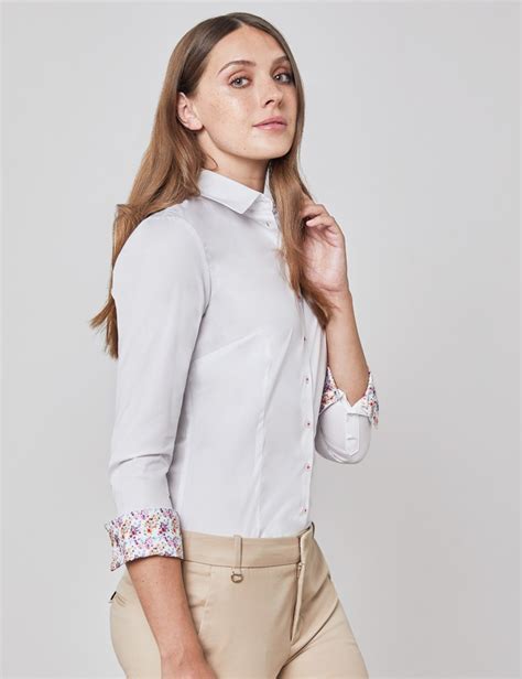 Easy Iron Plain Cotton Stretch Women S Fitted Shirt With Contrast
