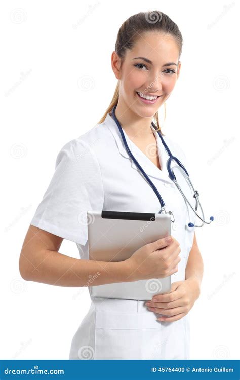 Friendly Intern Student Nurse Posing Standing Holding A Tablet Stock