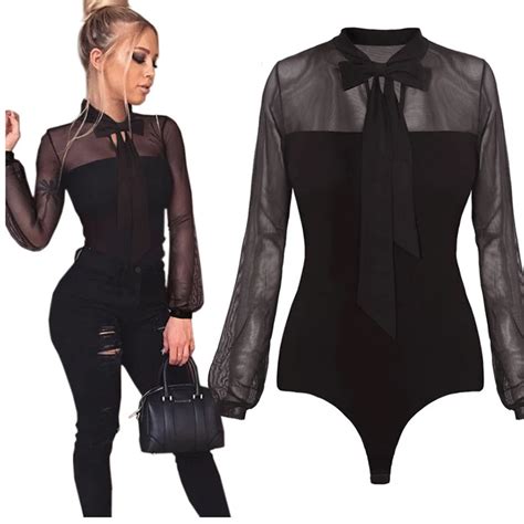 Mesh Sleeve Black Bodysuit Blouse 2018 Spring Summer Casual Blouse For