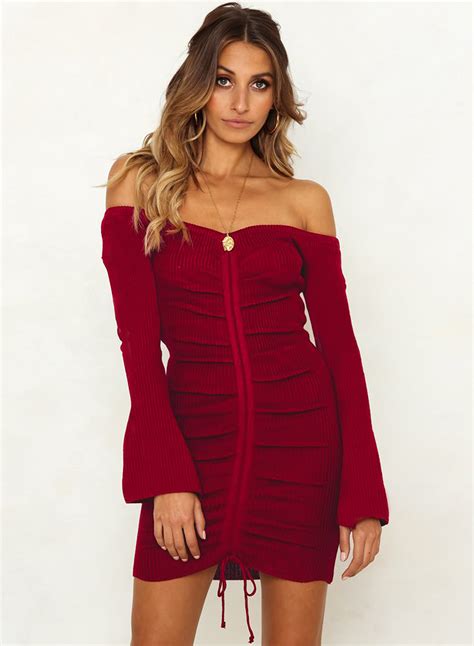 Burgundy Summer Off Shoulder Flare Sleeve Lace-Up Solid Color Bodycon Dress - STYLESIMO.com