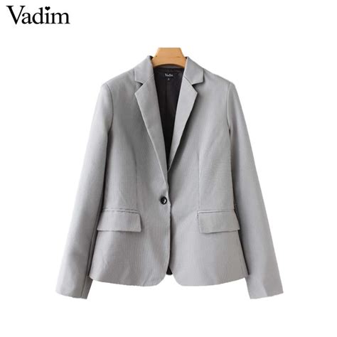 Vadim Women Elegant Plaid Houndstooth Blazer Pockets Single Button Long