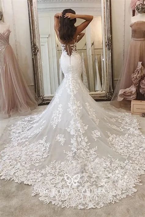 sweetheart neck floral lace mermaid fall wedding dress vq