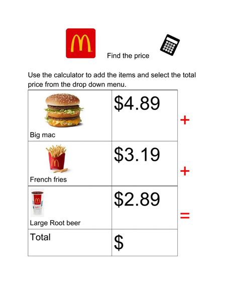 Let's make teaching kindergarten math a lot of fun with these kindergarten math from basic number recognition, counting to first addition and subtraction problems, geometry and so much more. McDonalds Find the Price - Interactive worksheet