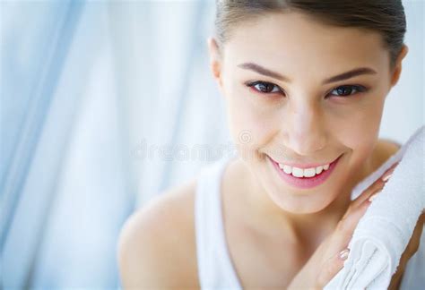 Face Washing Happy Woman Drying Skin With Towel Stock Photo Image Of